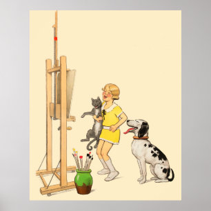 Vintage Funny Girl, Hund Cat Print Georges Redon Poster