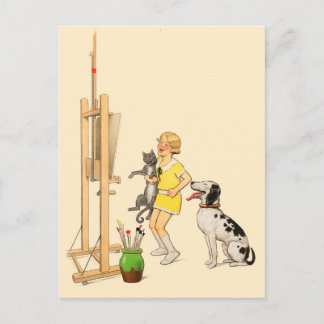 Vintage Funny Girl, Hund Cat Print Georges Redon Vykort