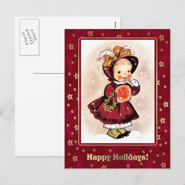 Vintage Funny Little Girl-jul Helg Vykort (Fram/baksida)