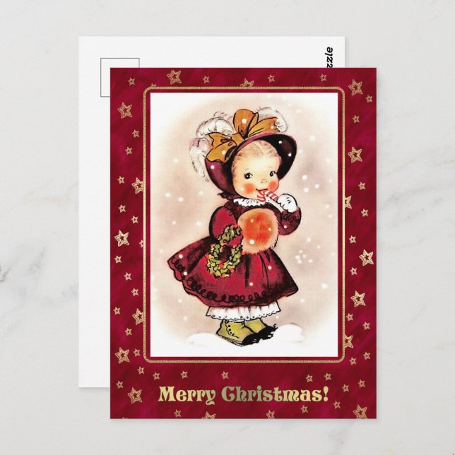 Vintage Funny Little Girl-jul Vykort (Fram/baksida)