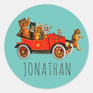 Vintage Funny Tecknad Kats Kittens i Classic Car Runt Klistermärke