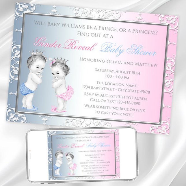Vintage furstinna könsutlysning bebisshower inbjudningar (Adorable gender reveal or twins invitation. Instant download and printed invitations available.)