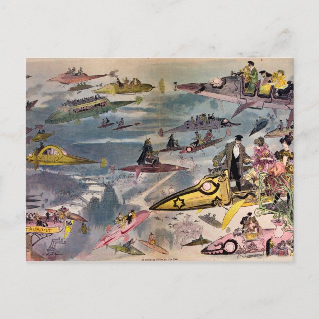 Vintage Futuristiska Flygande Maskiner Färg Art Vykort (Framsida)