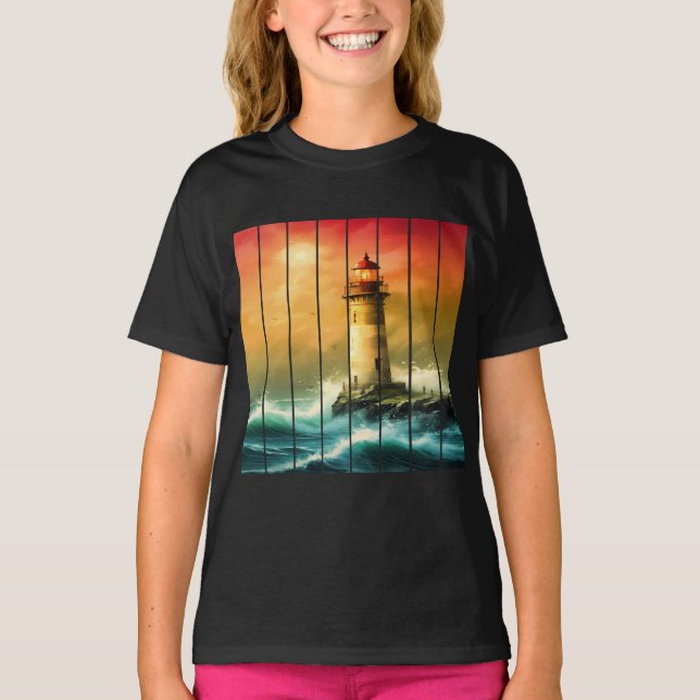 Vintage fyr hus strand havsutsikt t shirt (Framsida)