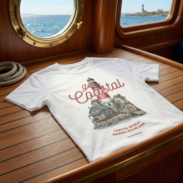 Vintage fyr och kustby Grafisk design T Shirt (Go coastal, be ocean bound.)