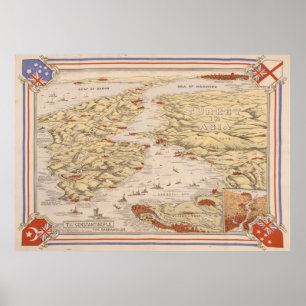 Vintage Gallipoli Kampanj Karta (1915) Dardanelles Poster