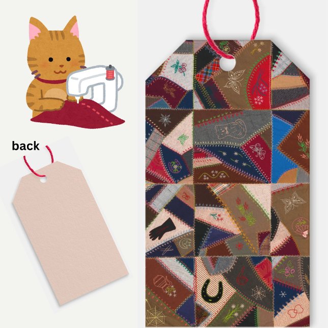 Vintage galna lapptäcke presentkortsetiketter presentetikett (Colorful vintage patchwork crazy quilt gift tags!)