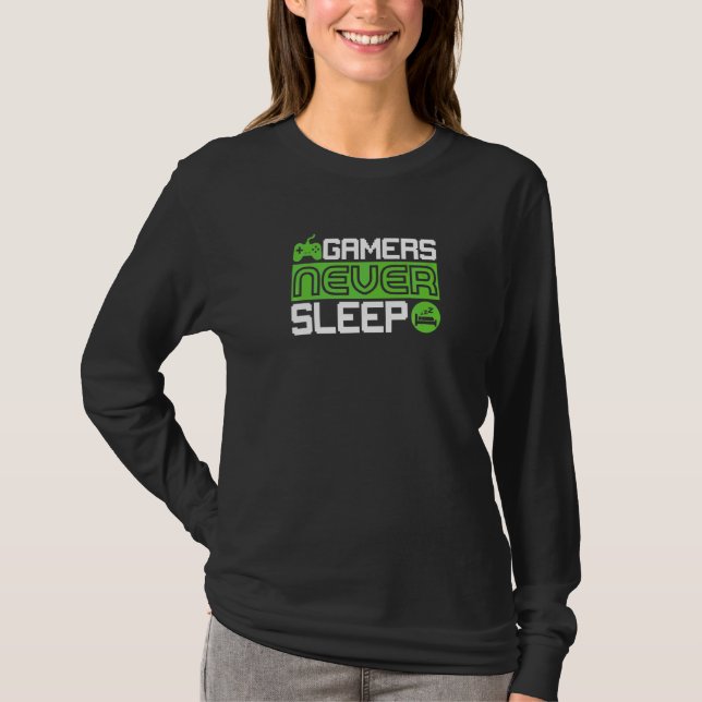 Vintage Gamers  Spel sover aldrig T Shirt (Framsida)