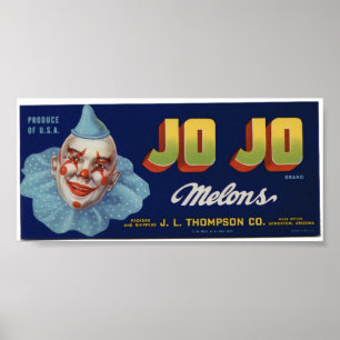 Vintage Gamla Jo Clown Melons Fruit Låda-etiketter Poster