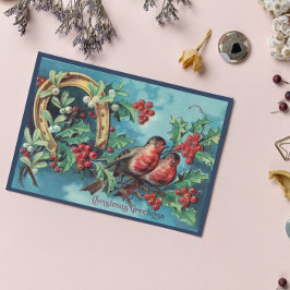 Vintage Gamla julblå fåglar Berries Horseshoe Julkort