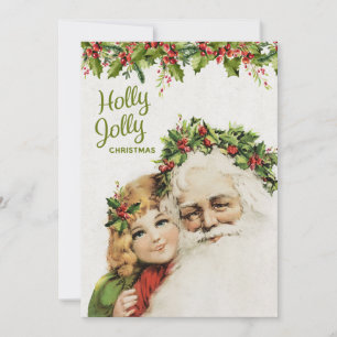 Vintage Gamla jultomten och Söta flickan Julkort