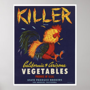 Vintage Gamla Killer Chicken Vegetables Låda-etike Poster