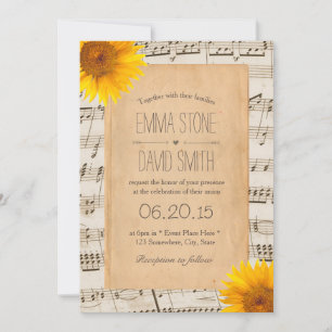 Vintage Gamla Music Lakan & Sunblommor Bröllop Inbjudningar