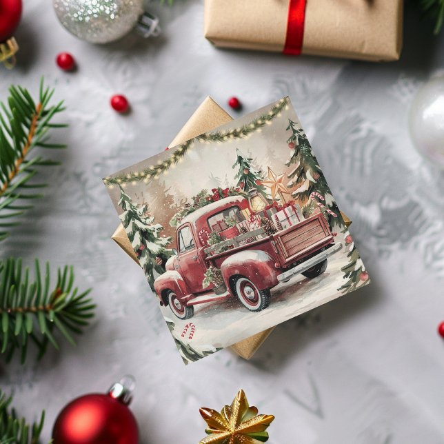 Vintage Gamla röda julen Lastbil (Vintage Old Red Christmas Truck Holiday Card)