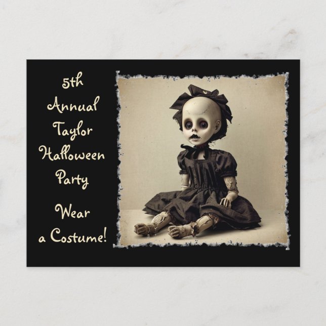 Vintage gammal Creepy Doll Halloween fest Inbjudan (Framsida)