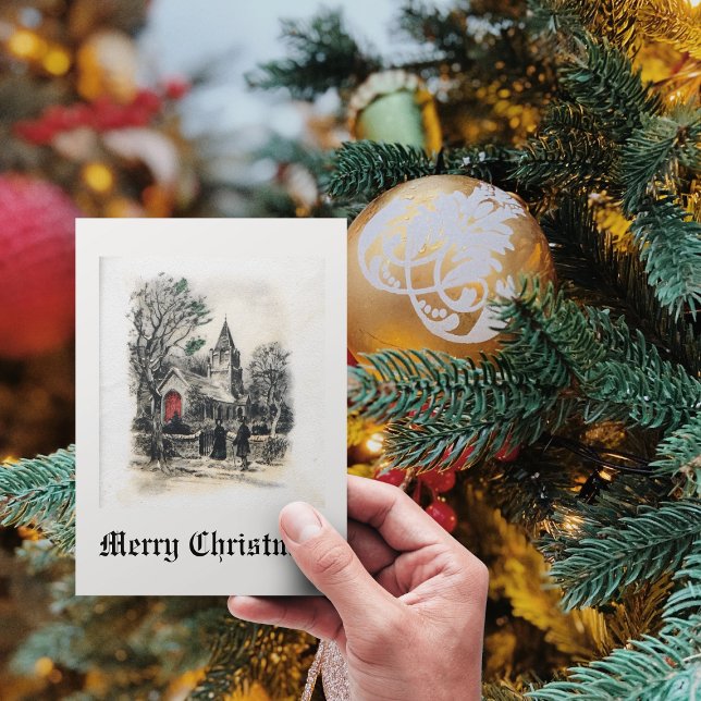 Vintage Gammal fashioned julkyrka Black White Julkort (Skapare uppladdad)