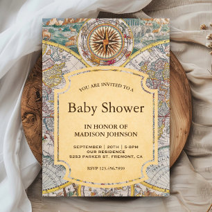 Vintage gammal kompass världskarta baby shower inbjudningar
