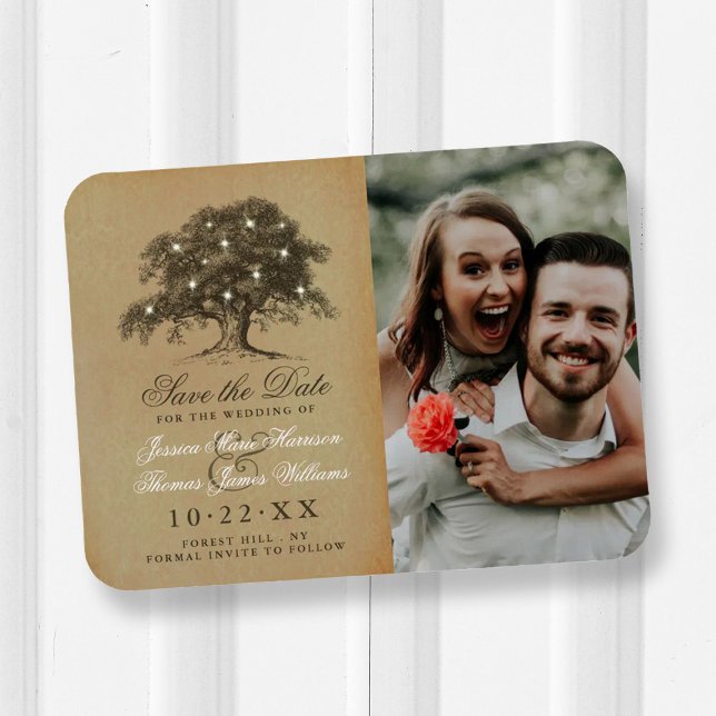 Vintage Gammal Oak Träd Photo Bröllop spara datum Magnet (Skapare uppladdad)