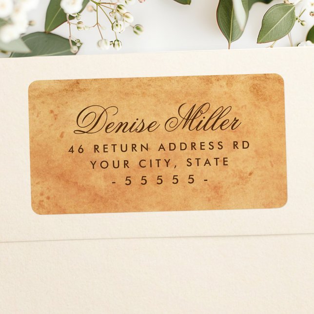 Vintage gammal pappersreturadress med fläckar adressetikett (Vintage stained old paper return address label)