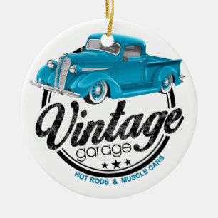 Vintage Garage Blue Lastbil Julgransprydnad Keramik