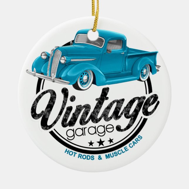 Vintage Garage Blue Lastbil Julgransprydnad Keramik (Framsidan)