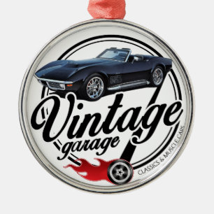 Vintage Garage med Black Corvette Julgransprydnad Metall
