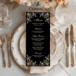 Vintage Garden Black | Colorful Luxe Bröllop Meny<br><div class="desc">De här fantastiska och vackra menykorten i bröllop eller rehearsal-middagarna har ett antikt stil, som illustrerar gräns med färgade blommor och löv i små persikofärgade nyanser, rosa, lila, grönt och neutralter på svart bakgrund. En vismisk blick som också påminner om stil i Art nouveau eller om en beredskapselegans. Elegantens kalligrafi...</div>