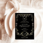 Vintage Garden Black | Luxe Colorful Bröllop Meny<br><div class="desc">De här fantastiska och vackra menykorten i bröllop eller rehearsal-middagarna har ett antikt stil, som illustrerar ram med färgade blommor och löv i små persikofärgade nyanser, rosa, lila, grönt och neutralter på svart bakgrund. En vismisk blick som också påminner om stil i Art nouveau eller om en beredskapselegans. Elegantens kalligrafi...</div>