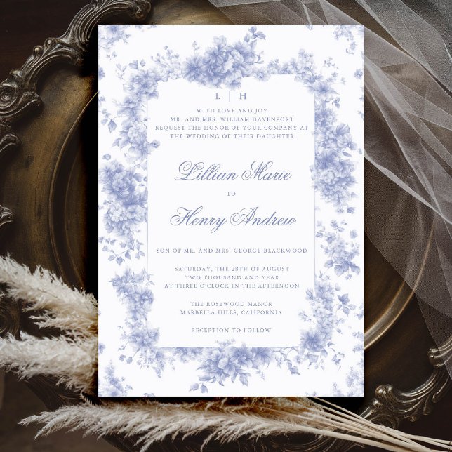 Vintage Garden Blue Toile Fransk Blommigt Bröllop Inbjudningar (vintage garden wedding invitation blue toile french roses floral botanical old money elegant formal)