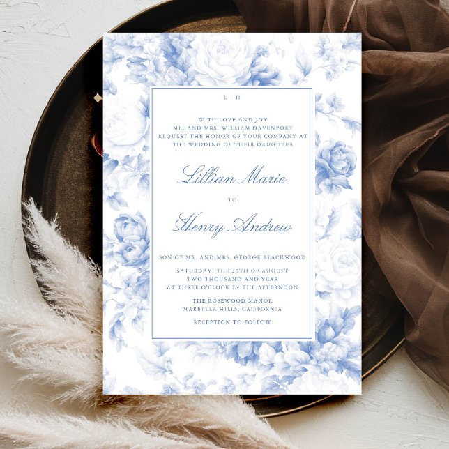 Vintage Garden Blue Toile Modern Classic Bröllop Inbjudningar (vintage garden wedding invitation blue toile french floral botanical old money formal traditional)