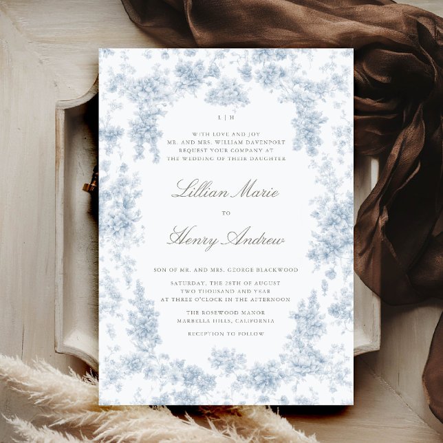Vintage Garden Chateau Blue Toile Classic Bröllop Inbjudningar (vintage garden wedding invitation dusty blue toile french floral romantic old money formal tradition)