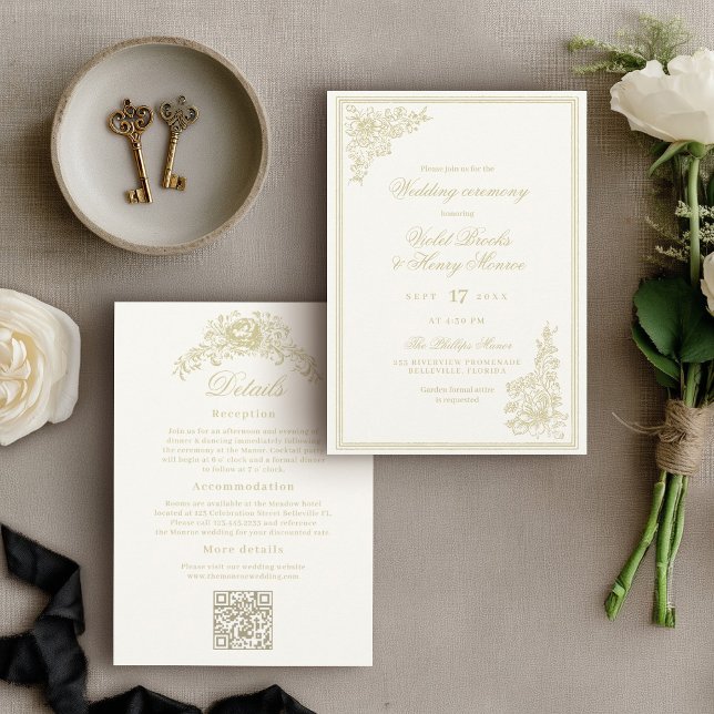 Vintage Garden Classic Details on Back Wedding Inbjudningar (Elegant gold floral wedding invitation with romantic script typography and formal ceremony wording, )
