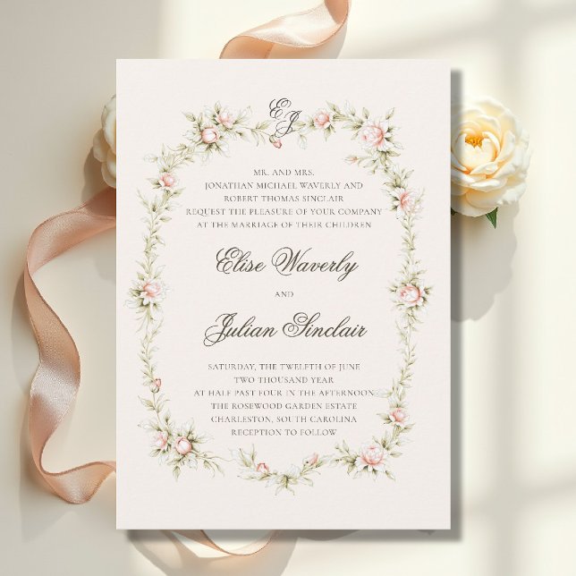 Vintage Garden Ethereal Blush Parents Host Wedding Inbjudningar (vintage garden ethereal blush floral wedding invitation parents romantic regency jane austin castle)