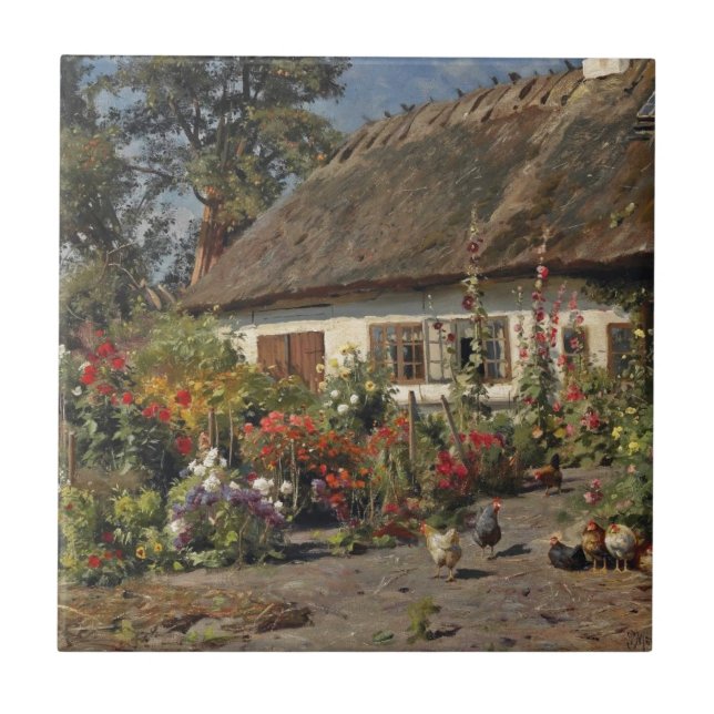 Vintage Garden med blommor och kycklingar Kakelplatta (Framsidan)