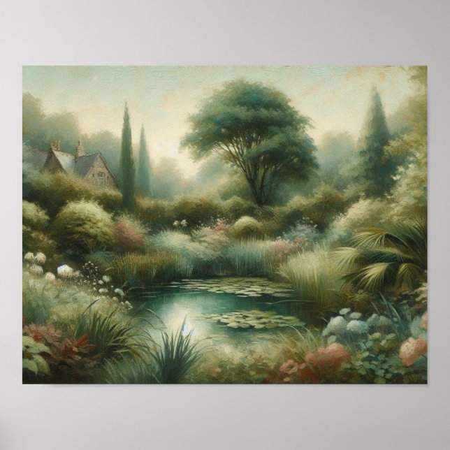Vintage Garden Pond Grönt Plants Poster (Framsidan)
