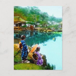 Vintage Geisha by Pond i Hikone Park Japansk Vykort