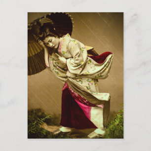 Vintage Geisha i en glasbild av Springtime Rain-gl Vykort