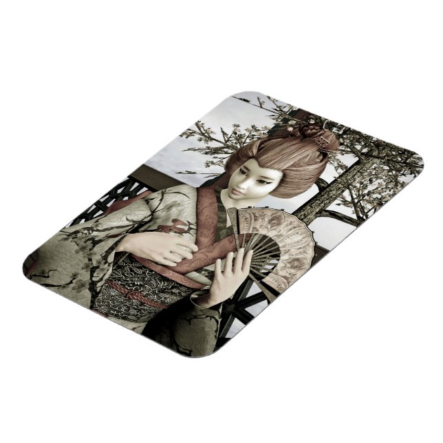 Vintage Geisha Kimono Fläkt Illustration Magnet (Vänstra Sidan)