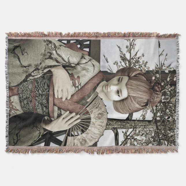 Vintage Geisha Kimono Fläkt Illustration Mysfilt (Framsidan)