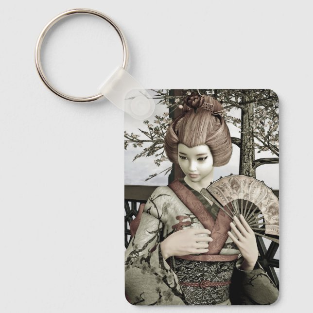 Vintage Geisha Kimono Fläkt Illustration Nyckelring (Framsida)