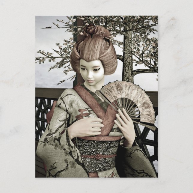 Vintage Geisha Kimono Fläkt Illustration Vykort (Framsida)