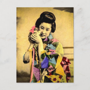Vintage Geisha med ett Cute Kitten Gamla Japan Vykort