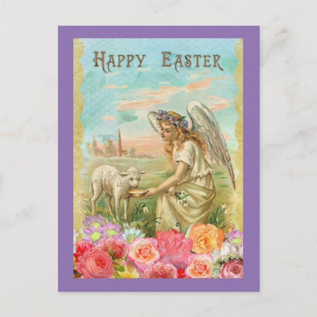 Vintage, gel och lamm vykort (Framsida)