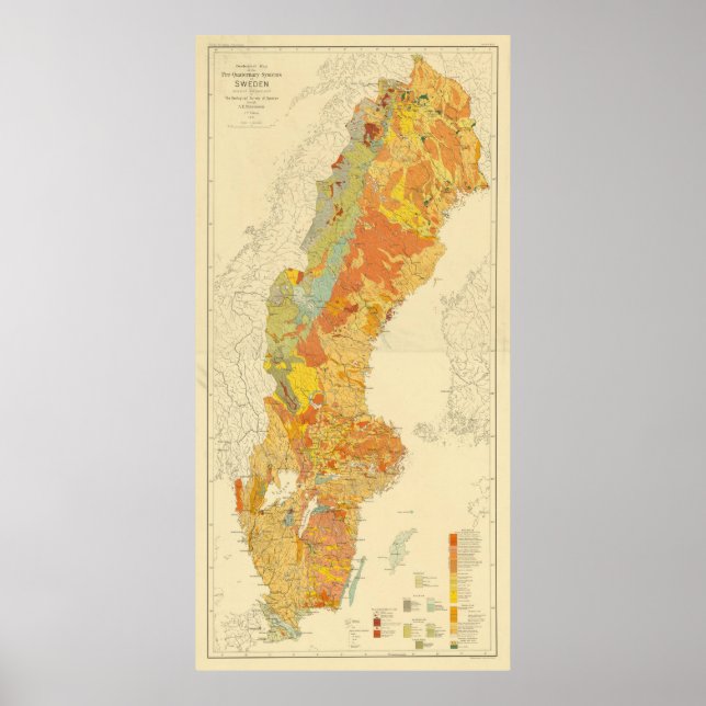Vintage Geological Map of Sweden (1910) Poster (Framsidan)