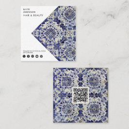 Vintage Geometric Blue White QR Code Social Media Fyrkantigt Visitkort