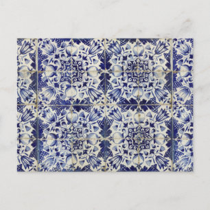 Vintage Geometric Blue White Tile Mönster Helg Vykort