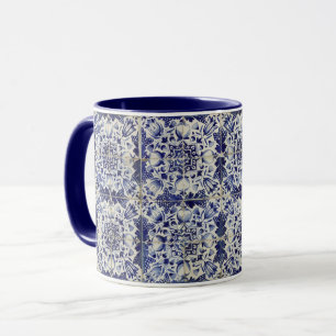 Vintage Geometric Blue White Tile Mönster Mugg