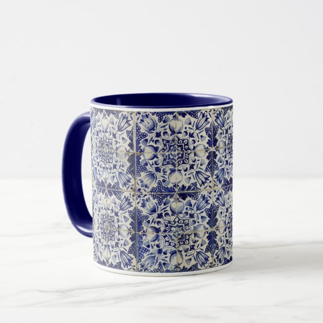 Vintage Geometric Blue White Tile Mönster Mugg (Framsida vänster)