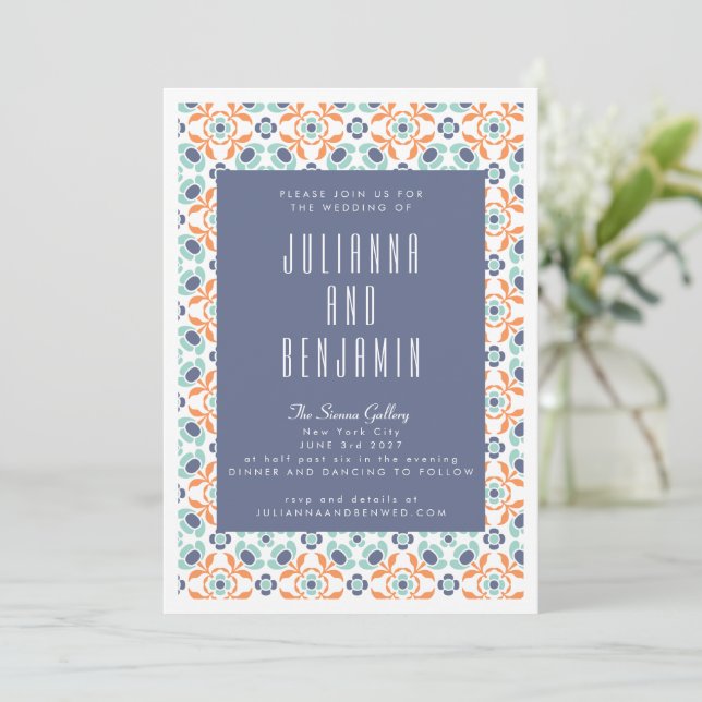 Vintage Geometric Tiles Motif in Blue Bröllop Inbjudningar (Stående Fram)
