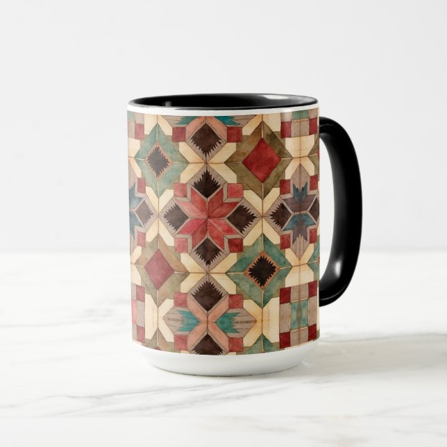 vintage geometriskt lapptäcksblock konstnärligt mö mugg (Framsida höger)